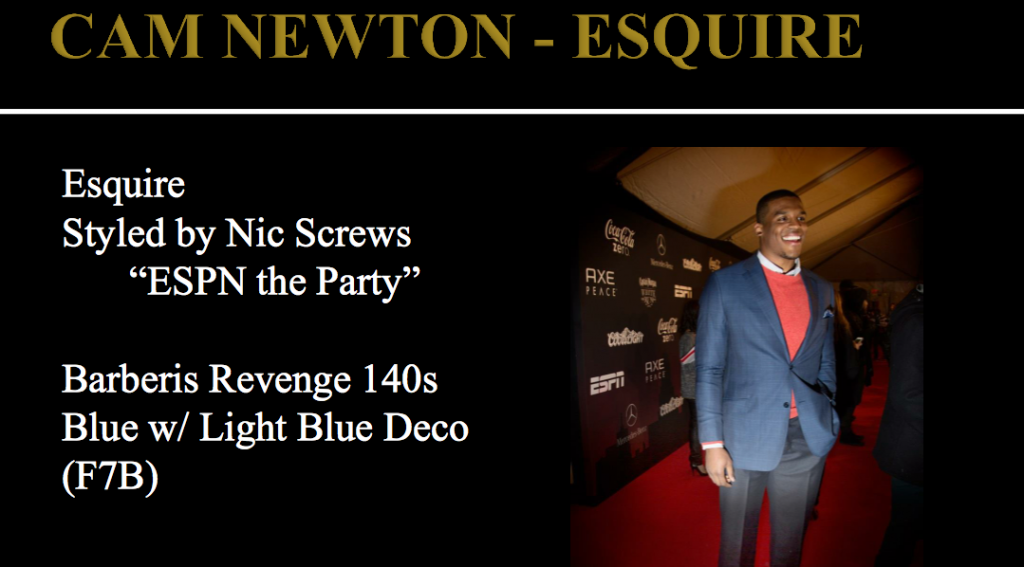 Carolina Panthers quarterback Cam Newton wearing a J.Hilburn blue plaid sport coat at the ESPN ESQUIRE party